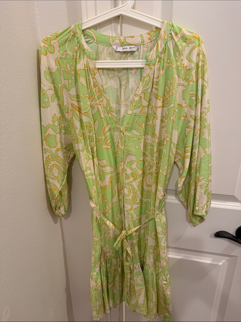 Mango Light Green Paisley V-Neck Mini Dress